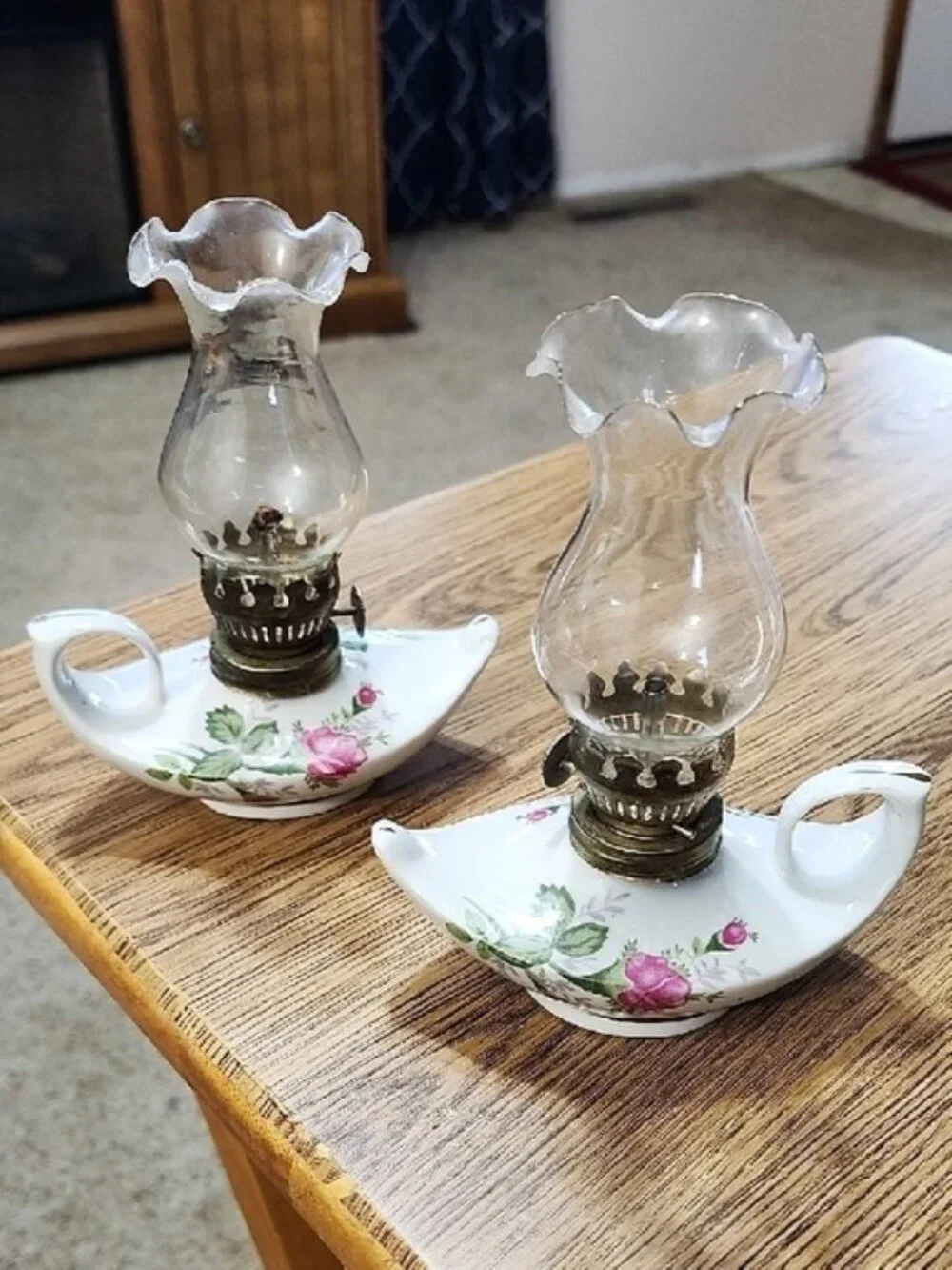 2 Hurricane Kerosine oil lamps pair Porcelain Pink Roses gold trim white lantern